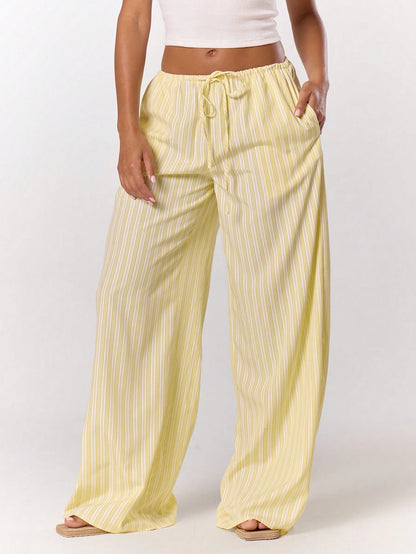 MUSERA Stripe Drawstring Wide Leg Trousers Cute Summer Holiday Vacation Casual Elegant Beach Linen Style Trousers Collective Office Attire For Women Office Wear Women Spring Pants