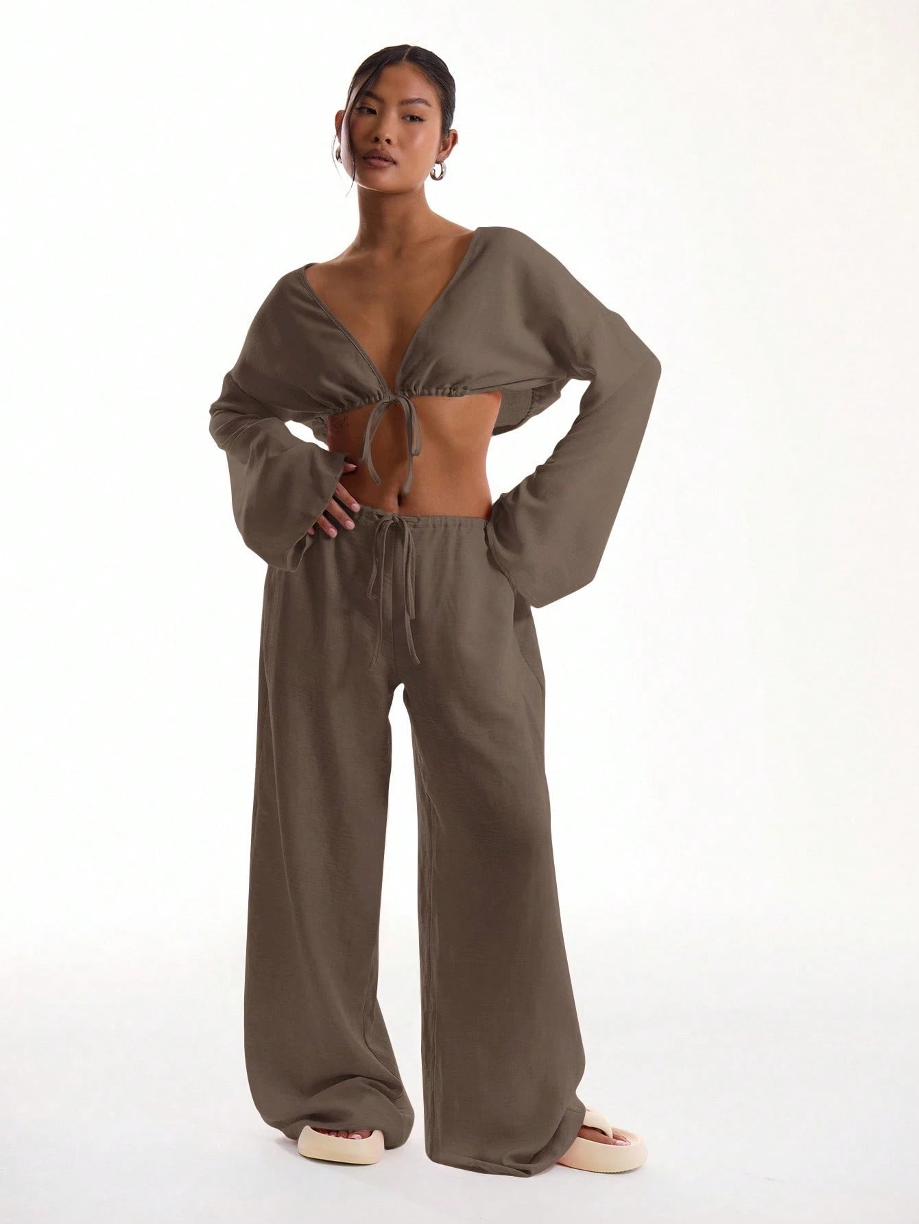 MUSERA Tie Front Linen Feel Beach Trousers Elegant Summer Vacation Sun Casual Boho Airport Casual Office Work Cute Party Pants Spring Holiday