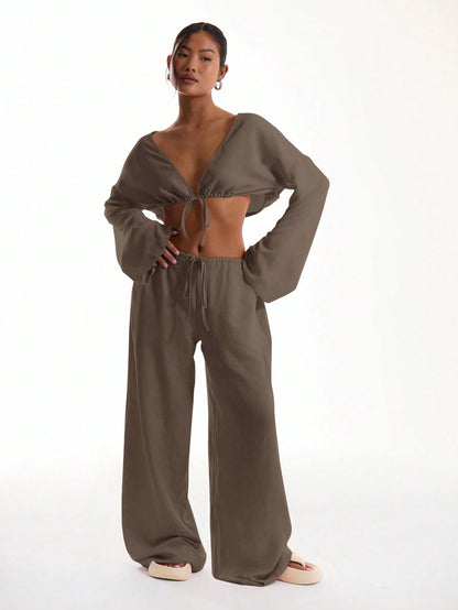 MUSERA Tie Front Linen Feel Beach Trousers Elegant Summer Vacation Sun Casual Boho Airport Casual Office Work Cute Party Pants Spring Holiday
