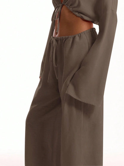 MUSERA Tie Front Linen Feel Beach Trousers Elegant Summer Vacation Sun Casual Boho Airport Casual Office Work Cute Party Pants Spring Holiday