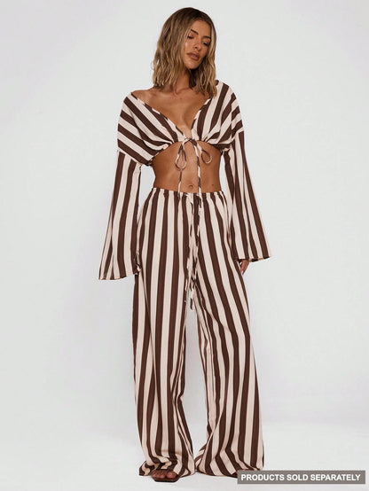 MUSERA Women Pants Wide Leg Stripe Linen Look Trouser Holiday Linen Pant Summer Beach Vacation Party Spring Carnival Casual