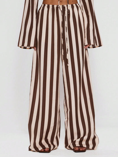 MUSERA Women Pants Wide Leg Stripe Linen Look Trouser Holiday Linen Pant Summer Beach Vacation Party Spring Carnival Casual
