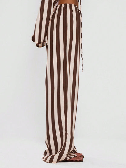 MUSERA Women Pants Wide Leg Stripe Linen Look Trouser Holiday Linen Pant Summer Beach Vacation Party Spring Carnival Casual