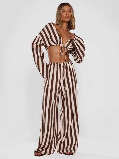 MUSERA Women Pants Wide Leg Stripe Linen Look Trouser Holiday Linen Pant Summer Beach Vacation Party Spring Carnival Casual