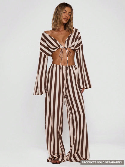 MUSERA Women Pants Wide Leg Stripe Linen Look Trouser Holiday Linen Pant Summer Beach Vacation Party Spring Carnival Casual