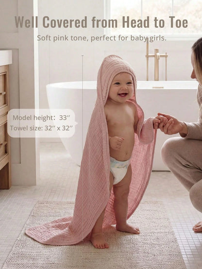 Muslin Baby Hooded Towel, Soft & Absorbent Bath Towel For Baby Girls, Infant Gift, Newborn Essentials, Pink Floral & Light Pink
