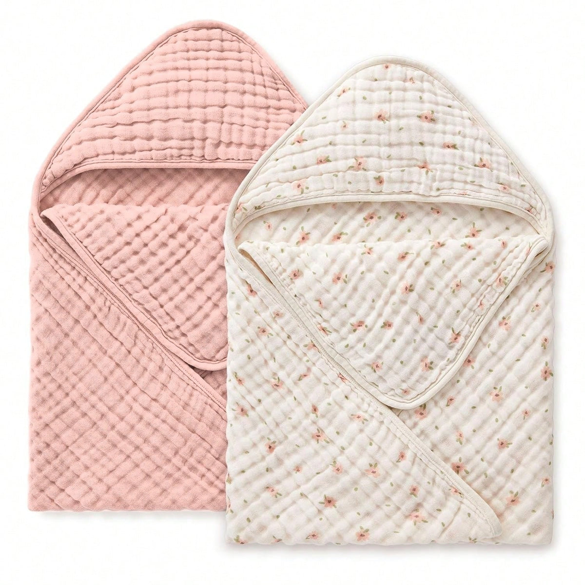 Muslin Baby Hooded Towel, Soft & Absorbent Bath Towel For Baby Girls, Infant Gift, Newborn Essentials, Pink Floral & Light Pink
