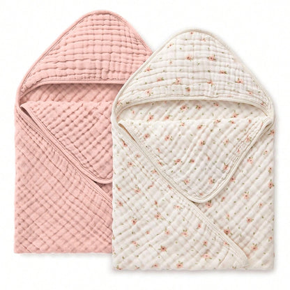 Muslin Baby Hooded Towel, Soft & Absorbent Bath Towel For Baby Girls, Infant Gift, Newborn Essentials, Pink Floral & Light Pink