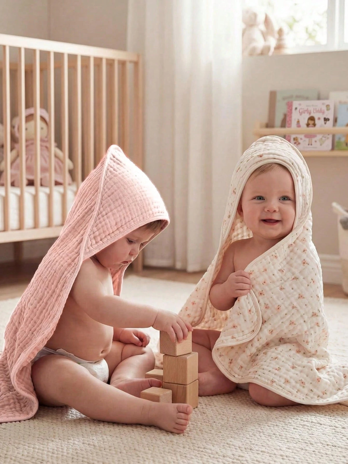 Muslin Baby Hooded Towel, Soft & Absorbent Bath Towel For Baby Girls, Infant Gift, Newborn Essentials, Pink Floral & Light Pink