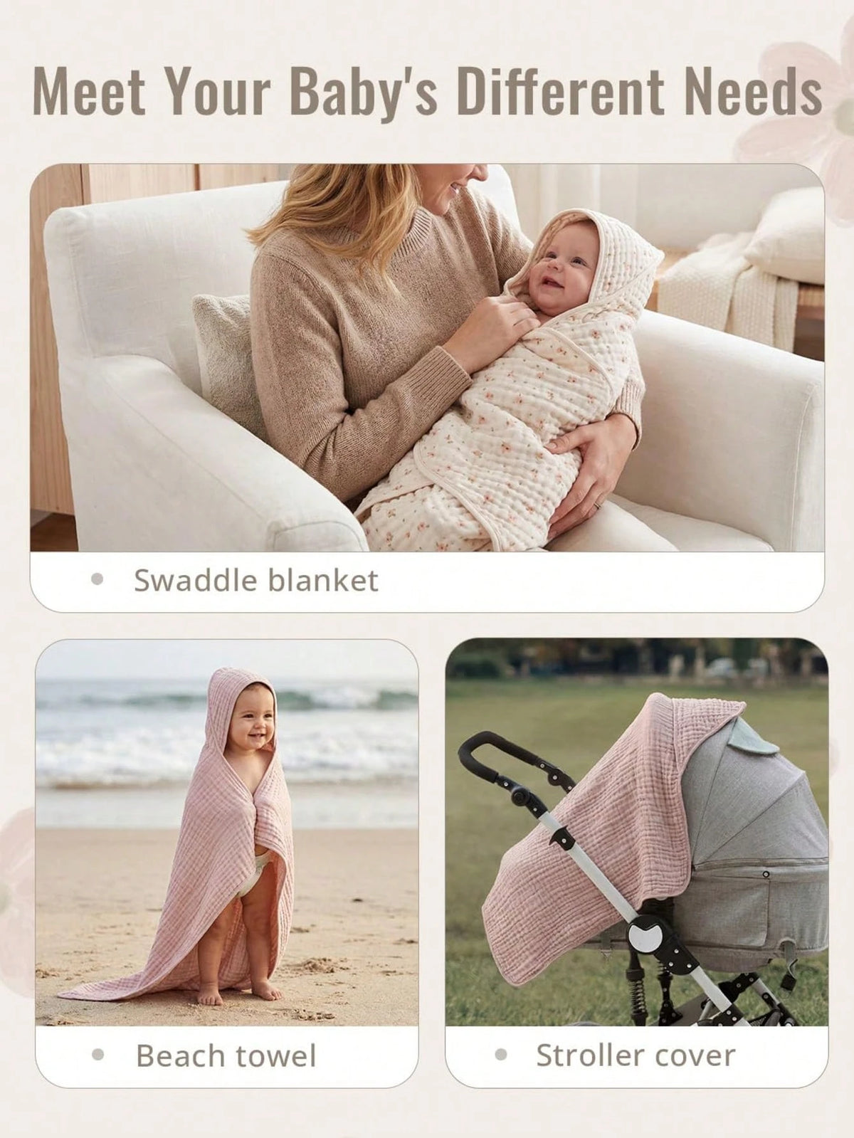 Muslin Baby Hooded Towel, Soft & Absorbent Bath Towel For Baby Girls, Infant Gift, Newborn Essentials, Pink Floral & Light Pink