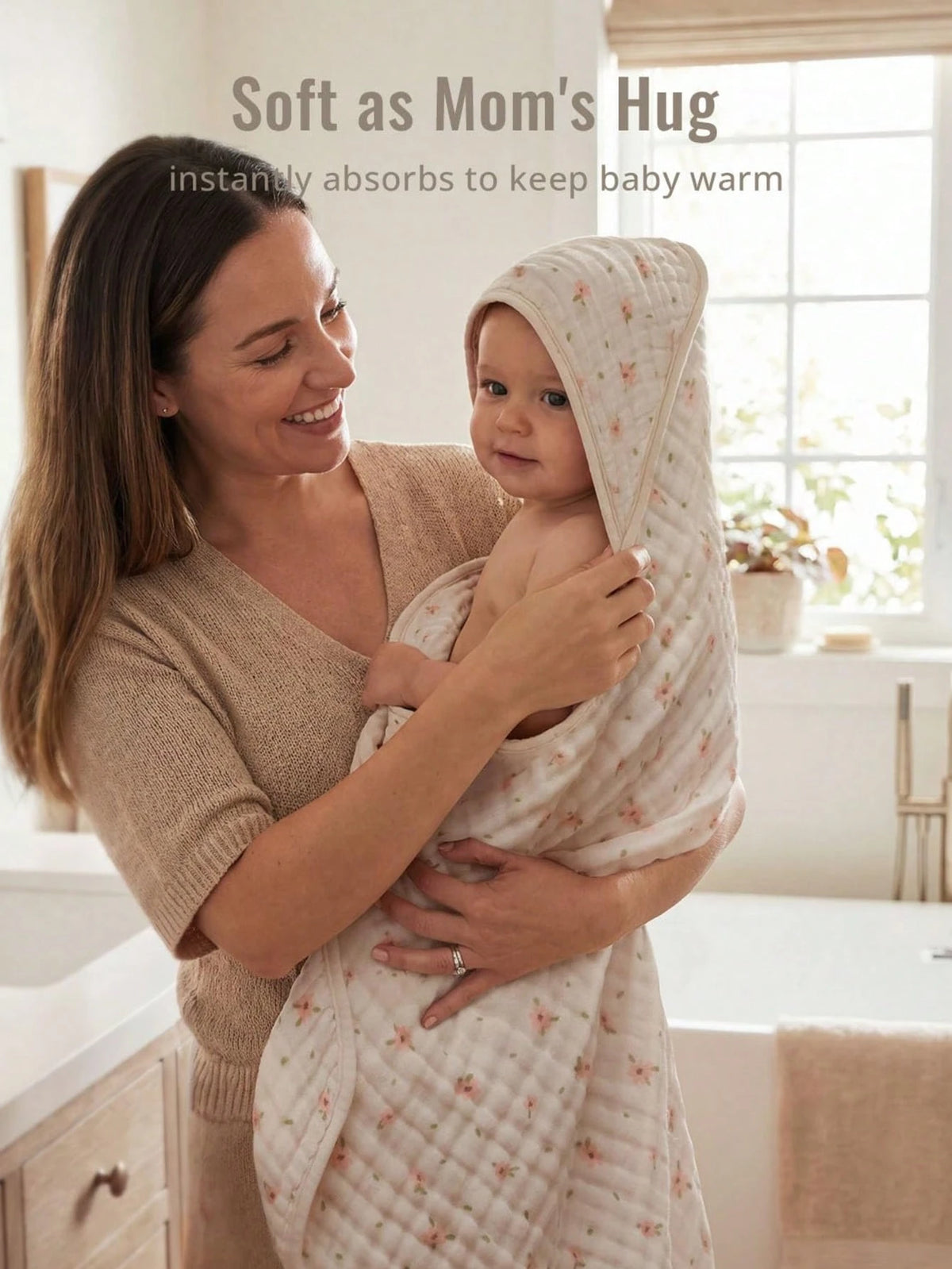 Muslin Baby Hooded Towel, Soft & Absorbent Bath Towel For Baby Girls, Infant Gift, Newborn Essentials, Pink Floral & Light Pink