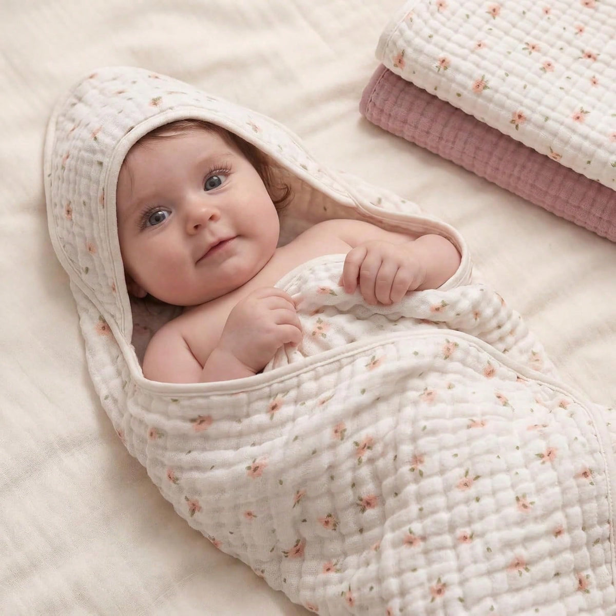Muslin Baby Hooded Towel, Soft & Absorbent Bath Towel For Baby Girls, Infant Gift, Newborn Essentials, Pink Floral & Light Pink
