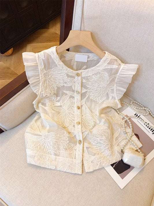 Muvela Women Round Neck Single Breasted Jacquard Cap Sleeve Fashion Blouse, Summer Casual Elegant