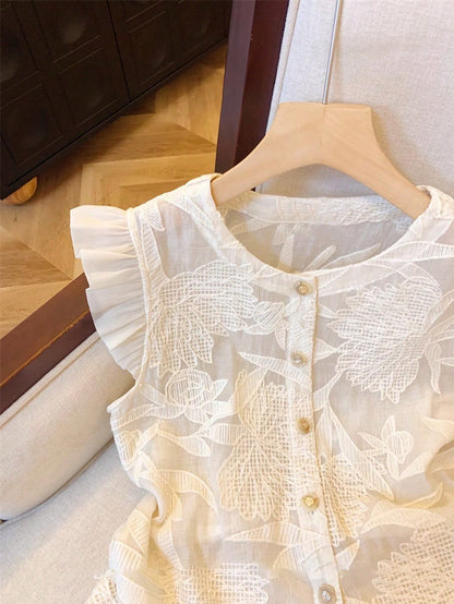 Muvela Women Round Neck Single Breasted Jacquard Cap Sleeve Fashion Blouse, Summer Casual Elegant