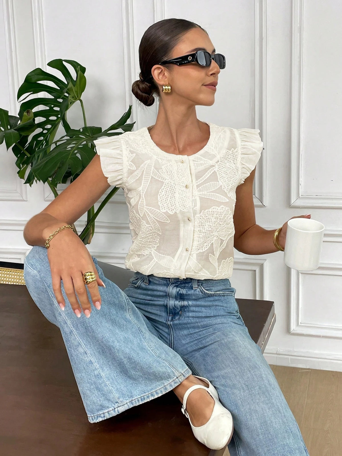 Muvela Women Round Neck Single Breasted Jacquard Cap Sleeve Fashion Blouse, Summer Casual Elegant