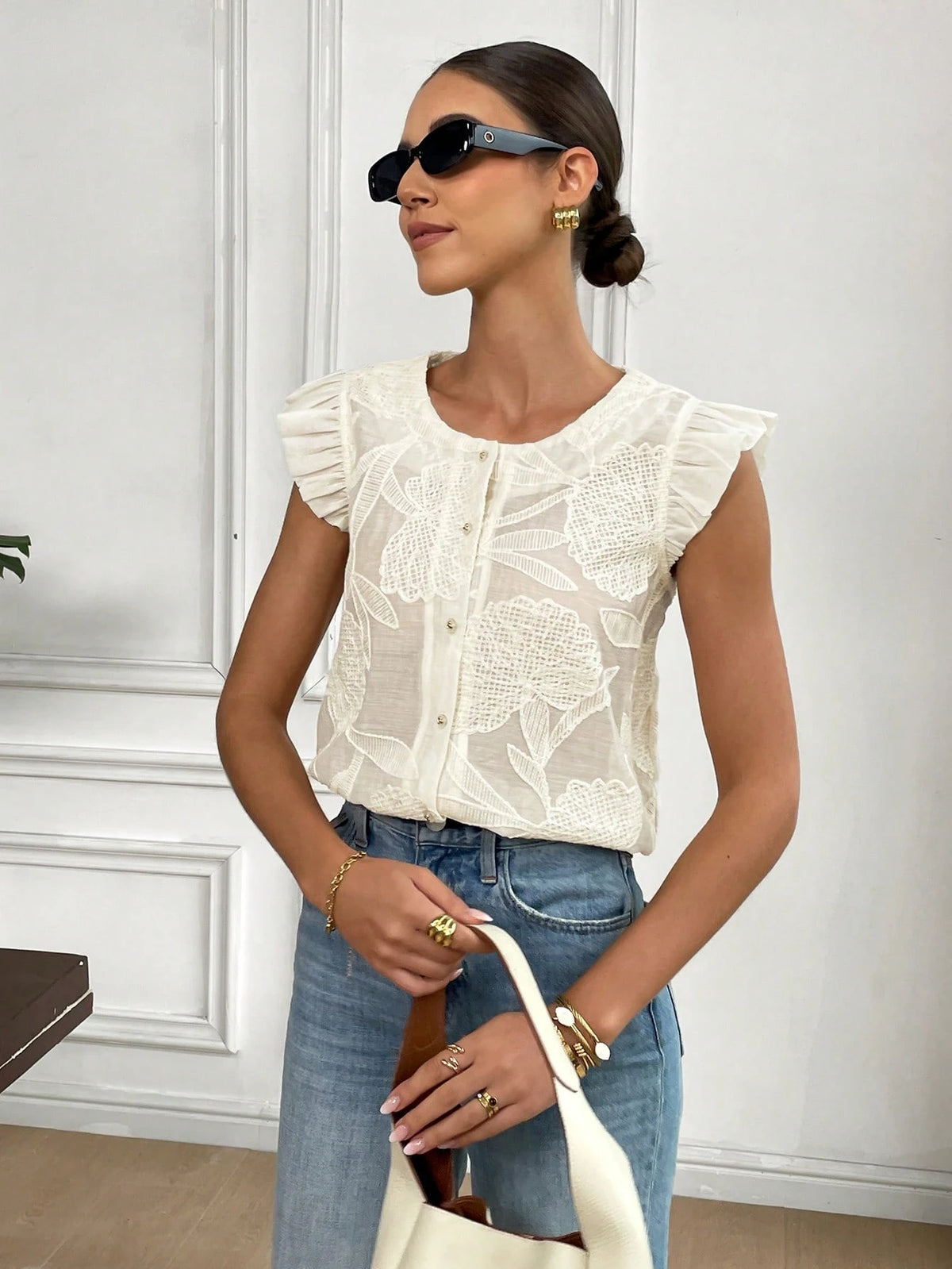 Muvela Women Round Neck Single Breasted Jacquard Cap Sleeve Fashion Blouse, Summer Casual Elegant