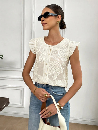 Muvela Women Round Neck Single Breasted Jacquard Cap Sleeve Fashion Blouse, Summer Casual Elegant