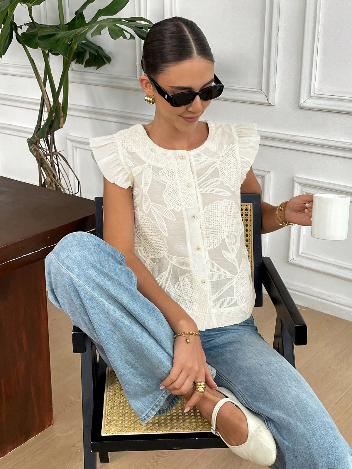 Muvela Women Round Neck Single Breasted Jacquard Cap Sleeve Fashion Blouse, Summer Casual Elegant