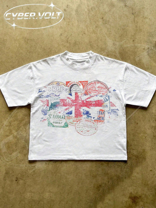 National Flag Print T-Shirt, 180g 100% Cotton, Retro Style, Manfinity Y2K Print, Summer Street Style T-Shirt, Suitable For Both Men And Women.