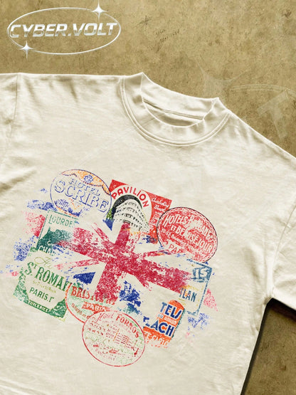 National Flag Print T-Shirt, 180g 100% Cotton, Retro Style, Manfinity Y2K Print, Summer Street Style T-Shirt, Suitable For Both Men And Women.