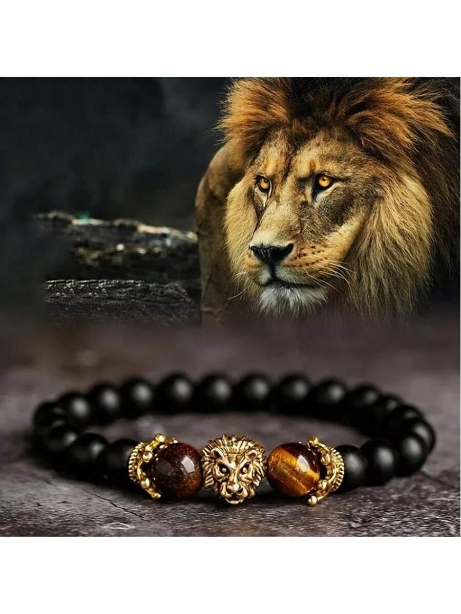 Natural Crystal Crown Lion Head Bracelet Luxury Tiger Eye Stone Bead Bracelets Jewelry