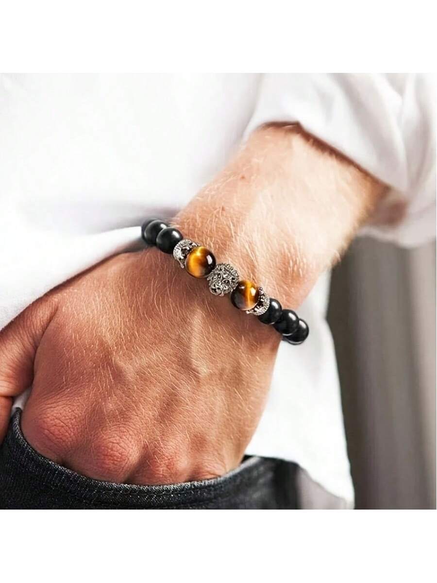 Natural Crystal Crown Lion Head Bracelet Luxury Tiger Eye Stone Bead Bracelets Jewelry