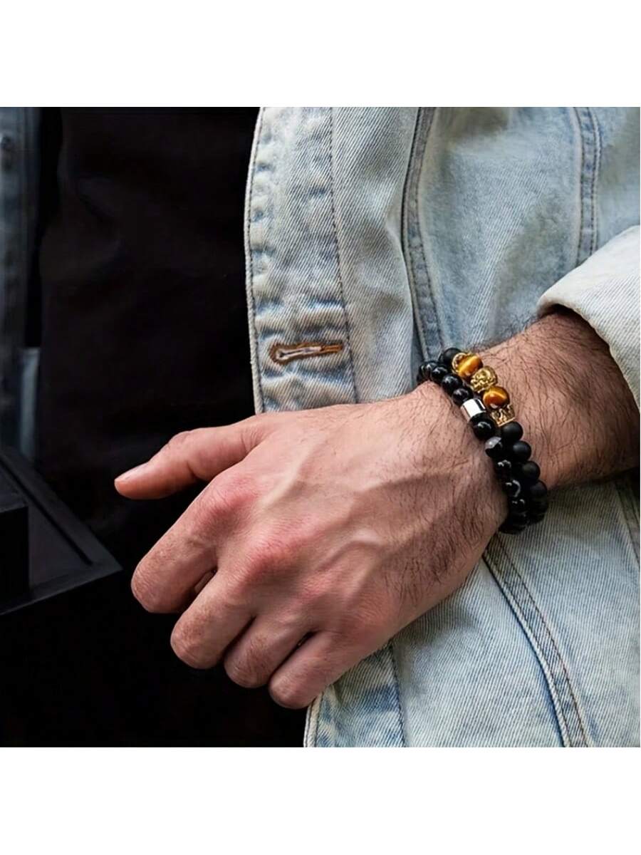 Natural Crystal Crown Lion Head Bracelet Luxury Tiger Eye Stone Bead Bracelets Jewelry