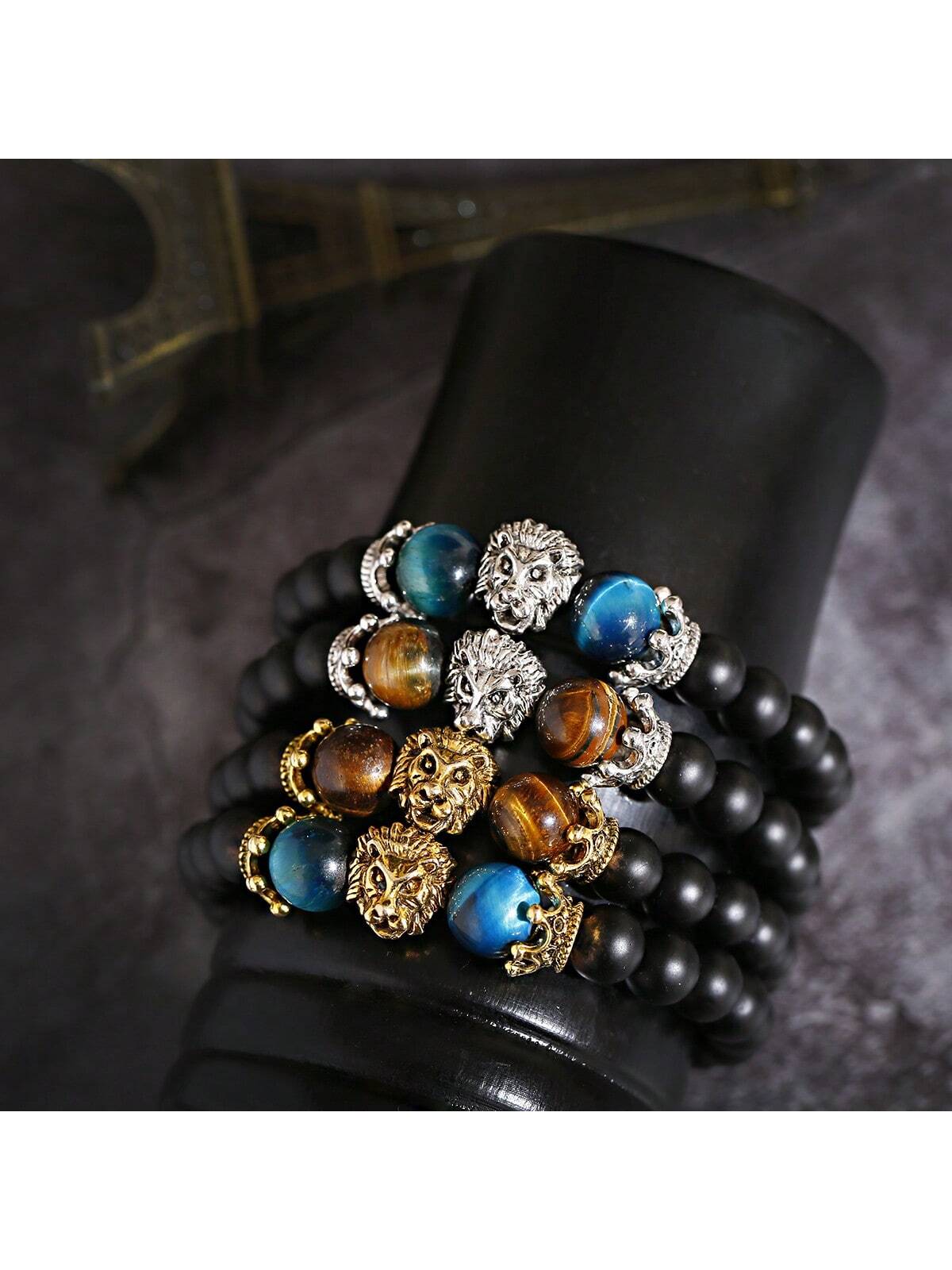 Natural Crystal Crown Lion Head Bracelet Luxury Tiger Eye Stone Bead Bracelets Jewelry
