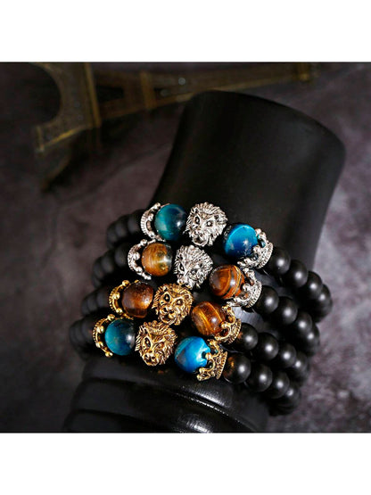 Natural Crystal Crown Lion Head Bracelet Luxury Tiger Eye Stone Bead Bracelets Jewelry