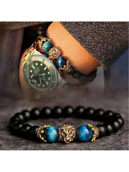 Natural Crystal Crown Lion Head Bracelet Luxury Tiger Eye Stone Bead Bracelets Jewelry