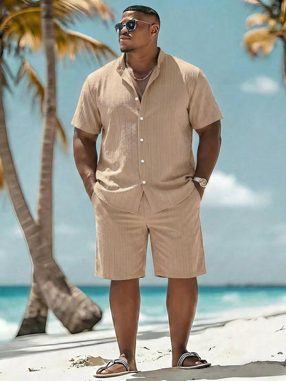 Naviga Onda Men's Plus Size Textured Single-Breasted Short Sleeve Shirt And Pocket Drawstring Waist Beach Shorts Set Holiday/ Vacation/ Beach/ Hawaii/ Tropica