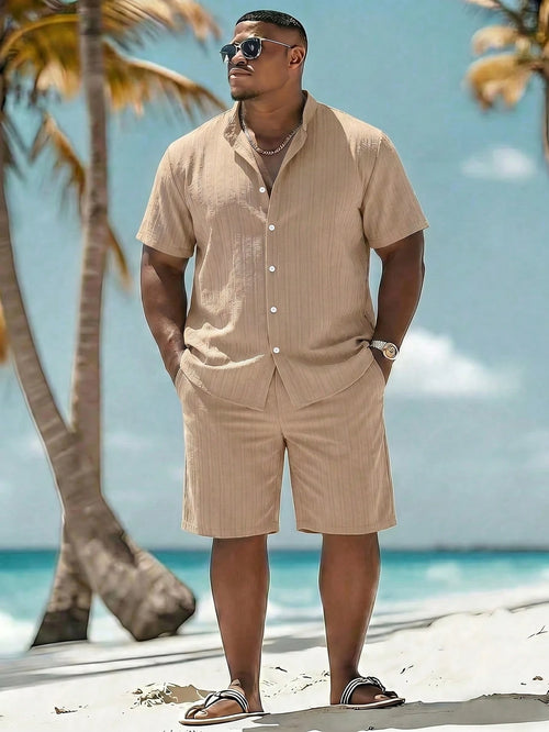 Naviga Onda Men's Plus Size Textured Single-Breasted Short Sleeve Shirt And Pocket Drawstring Waist Beach Shorts Set Holiday/ Vacation/ Beach/ Hawaii/ Tropica