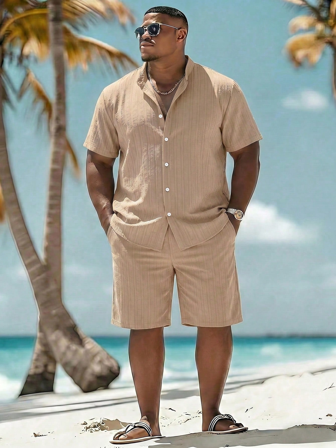 Naviga Onda Men's Plus Size Textured Single-Breasted Short Sleeve Shirt And Pocket Drawstring Waist Beach Shorts Set Holiday/ Vacation/ Beach/ Hawaii/ Tropica