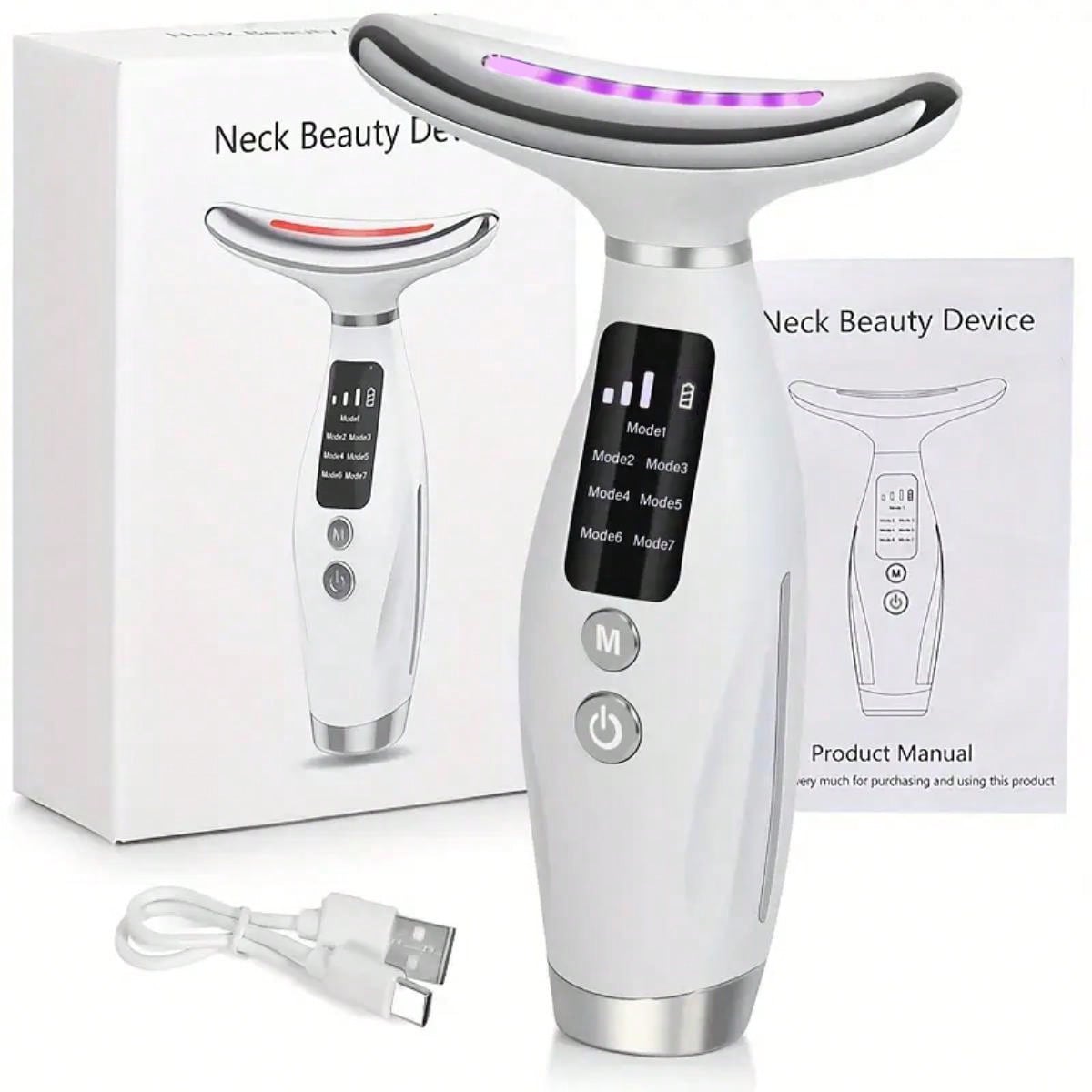 Neck And Face Massager, 7-Color Portable Facial Massager With LED Display, USB Charging, Vibration Function, Suitable For Facial, Neck, And Shoulder Care – Fragrance-Free Women's Skincare Tool – Perfe