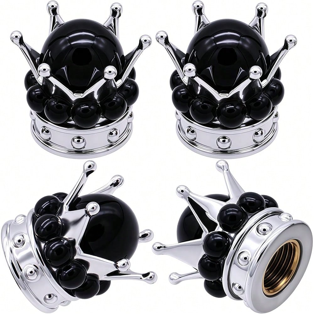 NEW- 4PCS Crown Bling Tire Stem Valve Caps, Crystal Diamond Tire Air Cap Set Universal Copper Core Stem Covers For Cars, SUV, Trucks, Bikes, Motorcycles, Bicycles (Silver & Black)