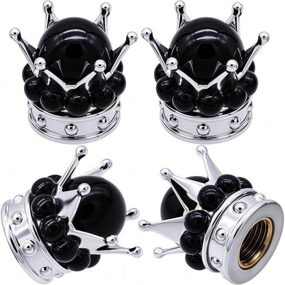 NEW- 4PCS Crown Bling Tire Stem Valve Caps, Crystal Diamond Tire Air Cap Set Universal Copper Core Stem Covers For Cars, SUV, Trucks, Bikes, Motorcycles, Bicycles (Silver & Black)