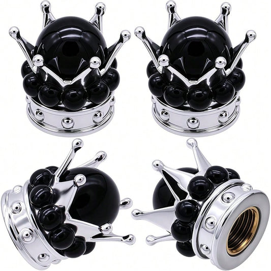 NEW- 4PCS Crown Bling Tire Stem Valve Caps, Crystal Diamond Tire Air Cap Set Universal Copper Core Stem Covers For Cars, SUV, Trucks, Bikes, Motorcycles, Bicycles (Silver & Black)