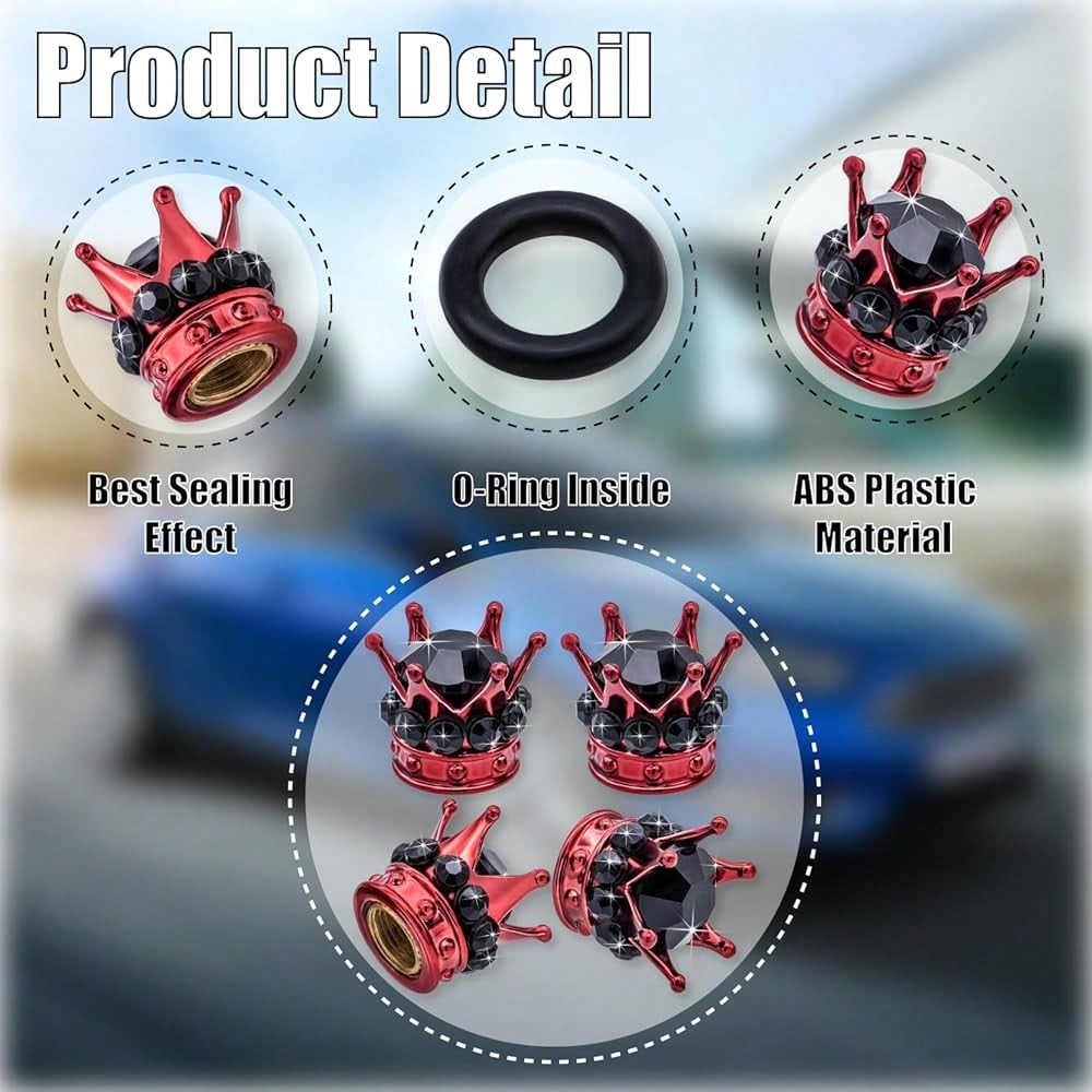 NEW- 4PCS Crown Bling Tire Stem Valve Caps, Crystal Diamond Tire Air Cap Set Universal Copper Core Stem Covers For Cars, SUV, Trucks, Bikes, Motorcycles, Bicycles (Silver & Black)