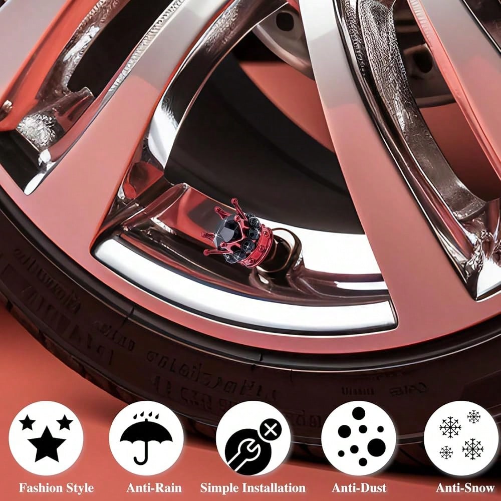 NEW- 4PCS Crown Bling Tire Stem Valve Caps, Crystal Diamond Tire Air Cap Set Universal Copper Core Stem Covers For Cars, SUV, Trucks, Bikes, Motorcycles, Bicycles (Silver & Black)