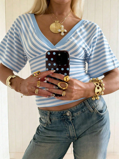 New Arrival Fashion Striped V-Neck T-Shirt, Contrast Color Striped Knit Fabric, Casual Tee For Spring/Summer, Preppy Style