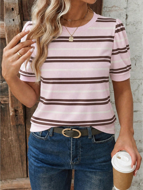 New Arrival Plus Size Women Casual Versatile Striped Puff Sleeve Round Neck T-Shirt