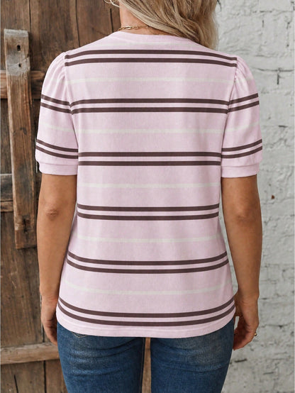 New Arrival Plus Size Women Casual Versatile Striped Puff Sleeve Round Neck T-Shirt