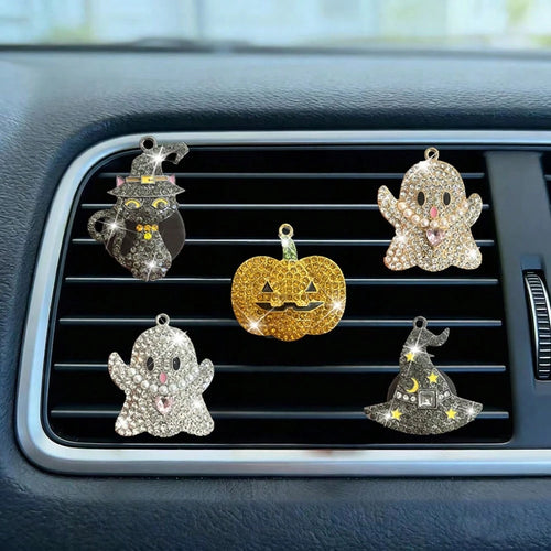 New Halloween Rhinestone Ghost Hat Pumpkin Black Cat Car Decoration Clip Air Vent Decor Aromatherapy (Decoration Only, No Scent)