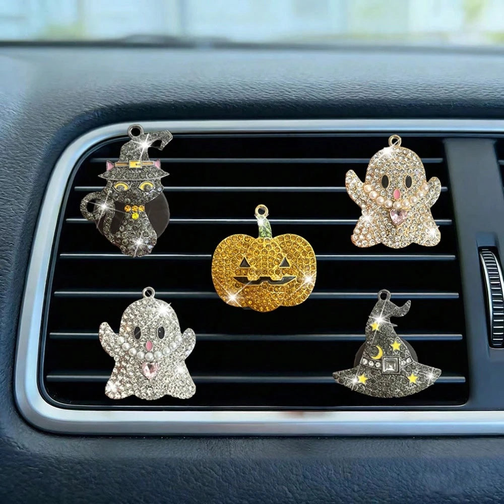 New Halloween Rhinestone Ghost Hat Pumpkin Black Cat Car Decoration Clip Air Vent Decor Aromatherapy (Decoration Only, No Scent)