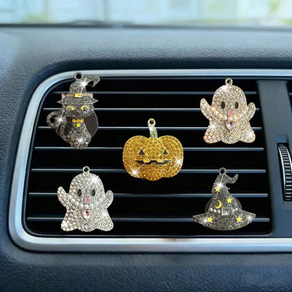 New Halloween Rhinestone Ghost Hat Pumpkin Black Cat Car Decoration Clip Air Vent Decor Aromatherapy (Decoration Only, No Scent)