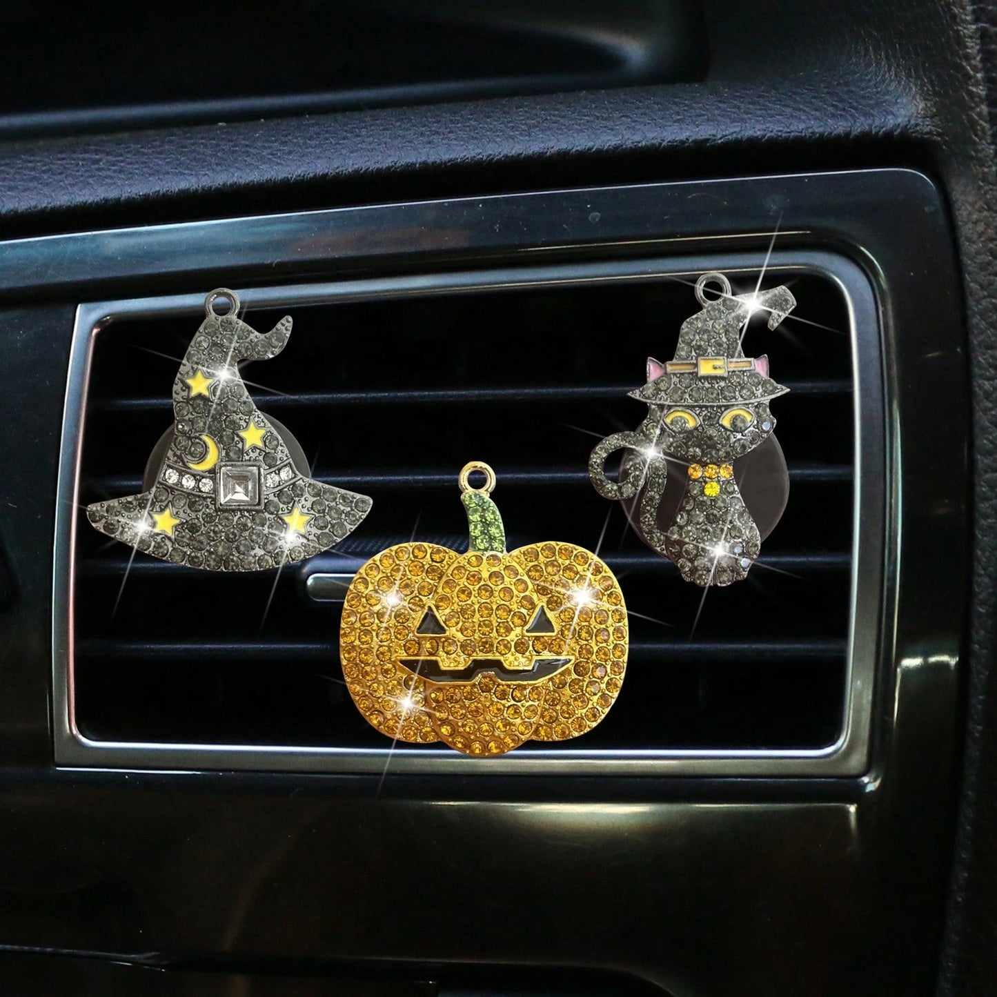 New Halloween Rhinestone Ghost Hat Pumpkin Black Cat Car Decoration Clip Air Vent Decor Aromatherapy (Decoration Only, No Scent)