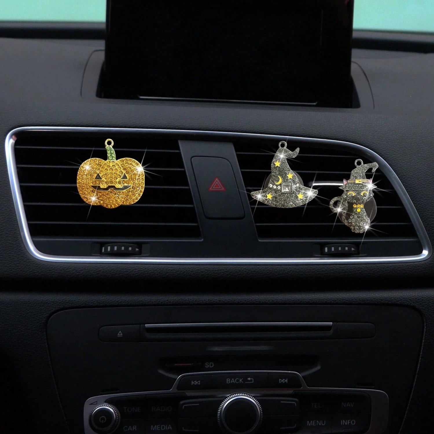 New Halloween Rhinestone Ghost Hat Pumpkin Black Cat Car Decoration Clip Air Vent Decor Aromatherapy (Decoration Only, No Scent)