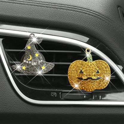 New Halloween Rhinestone Ghost Hat Pumpkin Black Cat Car Decoration Clip Air Vent Decor Aromatherapy (Decoration Only, No Scent)