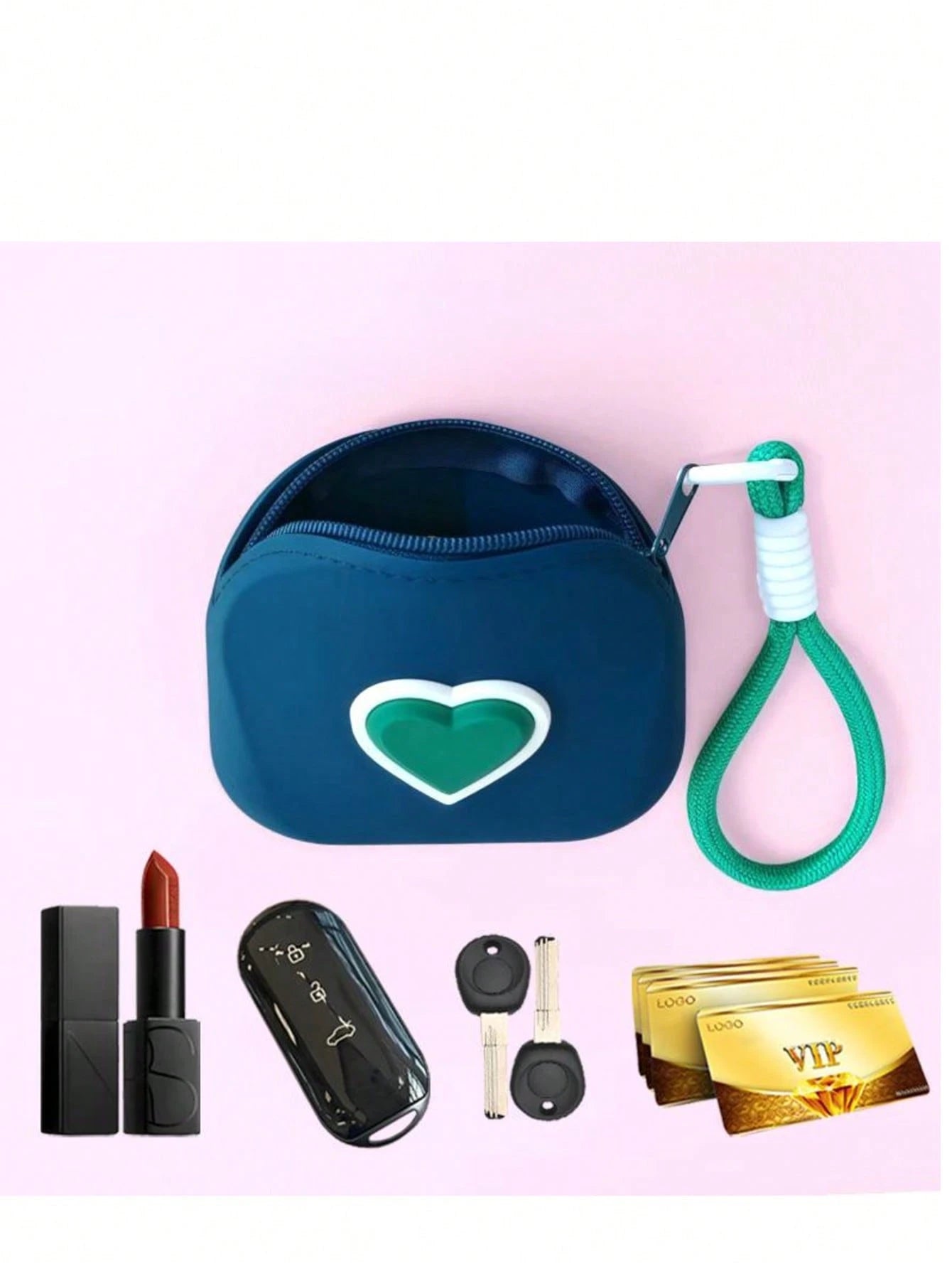 New Heart-Shaped Small Square Pouch, Coin Purse, Lipstick Case, Card Holder, Bluetooth Earphone Storage Bag, Handheld Soft Silicone Card Key Coin Purse, Multi-Function Waterproof Silicone Storage Pouc