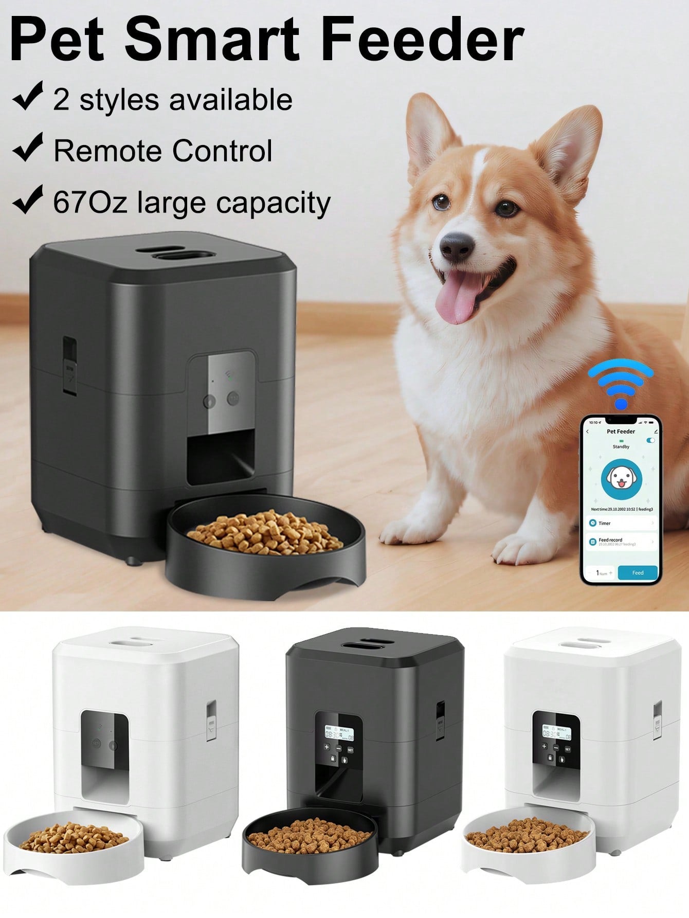 NEW Intelligent Pet Feeder, 67.6 Oz Food Capacity, 0.53 Gallon, Automatic Timed Dog/Cat Feeder With Stainless Steel Bowl, Programmable By Button Or APP/WiFi (Upgraded Model)